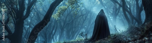 Illustration of a mysterious sorcerer wearing a dark cloak in the enchanted forest.