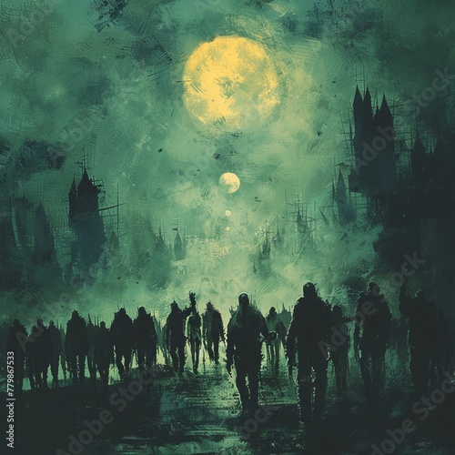 Zombie horde roaming dark streets on Halloween night, depicted in a digital art painting with a unique style.