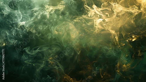 Olive green clouds of smoke creating mesmerizing patterns against a backdrop of rich gold.