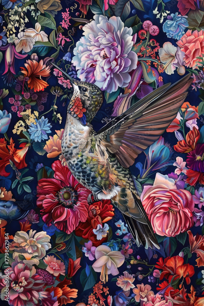 A vibrant painting depicting a hummingbird gracefully hovering amidst a variety of colorful flowers in full bloom
