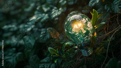 Conceptual Eco-Friendly Light Bulb Illuminating Lush Greenery © Mutshino_Artwork