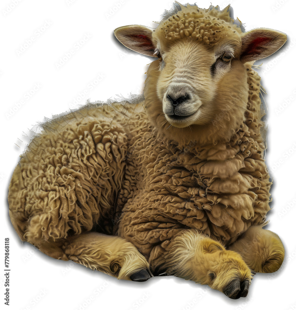 Merino sheep with thick fleece isolated cut out on transparent background