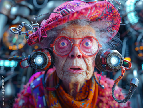 futuristica donna anziana e gioiosa con un audace senso della moda photo