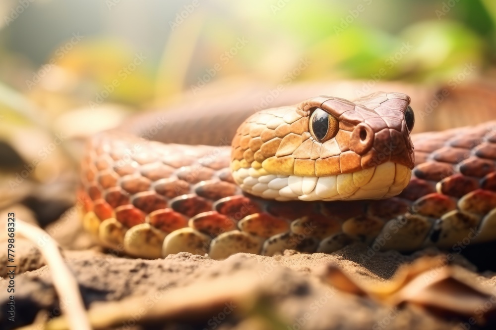 Obraz premium Colorful snake python cobra viper forest hiding waiting for prey rainforest jungle untouched nature predator venomous venom dangerous wildlife poisonous animal skin tail creepy african exotic species