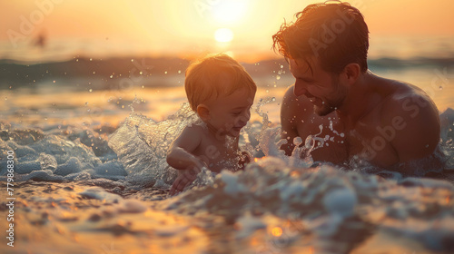 Un caldo abbraccio al tramonto mentre un papà gioca con il suo bambino tra le dolci onde del mare, la gioia della paternità in mostra, papà e bebè photo