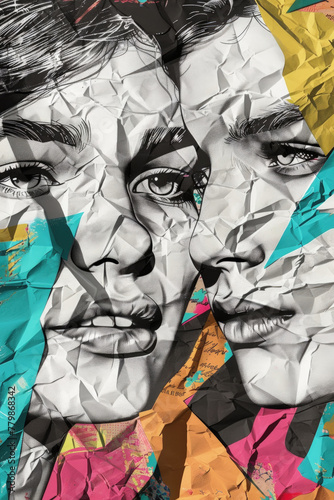 Black and white faces with expressive eyes merged on colorful, angular background