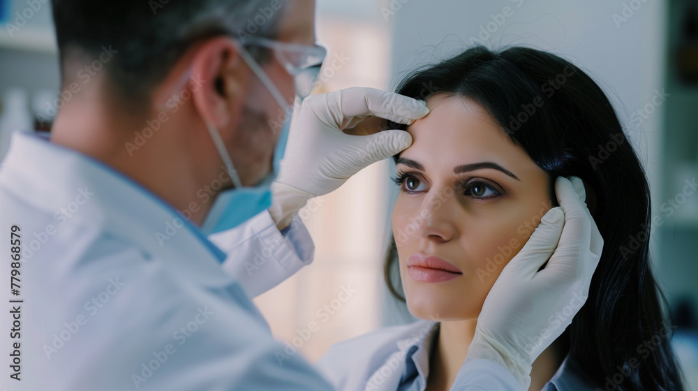 Doctor examining a patient's face after plastic surgery Doctor examining a patient's face after plastic surgery