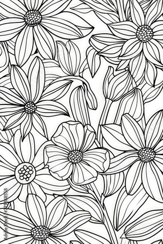 A detailed black and white sketch of various types of flowers, showcasing intricate petals and stems