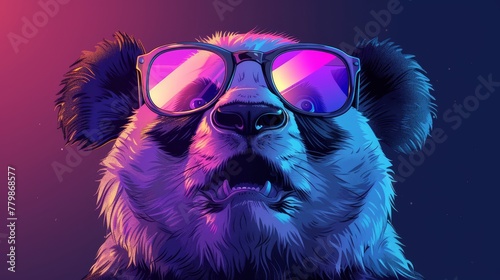   A tight shot of a poised canine wearing sunglasses against a backdrop of blue, purple, and pink © Nadia