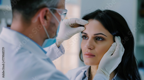 Doctor examining a patient's face after plastic surgery