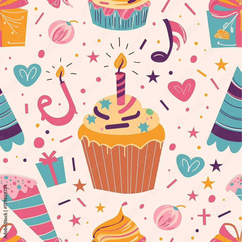 Vibrant Birthday Party Pattern with Cupcakes and Gifts Illustration Vibrant Birthday Party Pattern with Cupcakes and Gifts Illustration