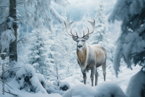 Serene Reindeer winter forest. Deer animal. Generate Ai © juliars