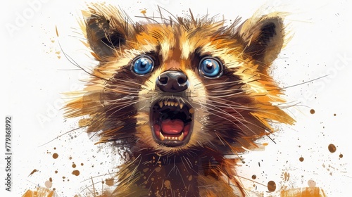  A painting of a raccoon with its mouth widely open