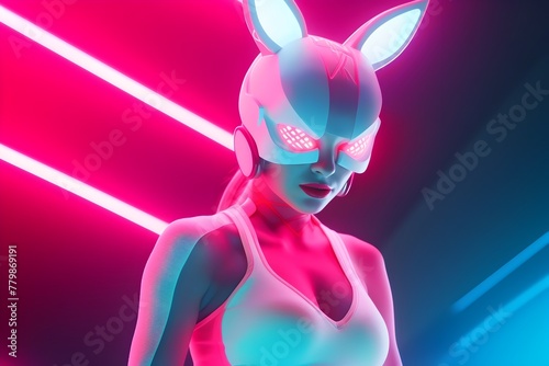 Neon Cosmos Gym: Woman in Bunny Costume Embraces Outer Space Fitness photo