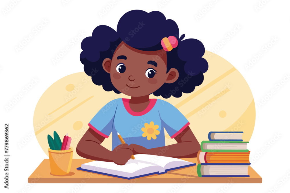 Little black girl enjoys writing, a creative moment vector cartoon illustration. Schoolgirl focused on study, classroom scene. Little black girl enjoys writing, a creative moment vector cartoon illustration. Schoolgirl focused on study, classroom scene.