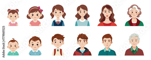 Human life cycle stages vector cartoon illustration. Cute baby, toddler, schoolgirl, teenager, man, woman, grandfather, grandmother vector clipart for people age.