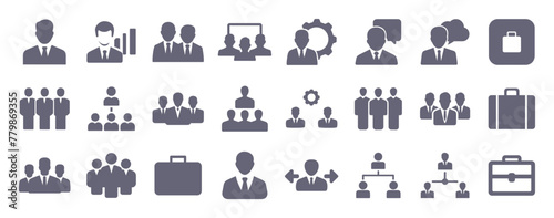 Management glyph flat icons. Vector solid pictogram set included icon as business crm, meeting, leadership, team work, human resource silhouette illustration for infographic.