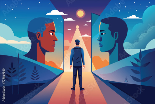 Man between two profile faces with celestial elements, vector cartoon illustration. Abstract depiction of person making choice or experiencing dichotomy, set against night sky backdrop.