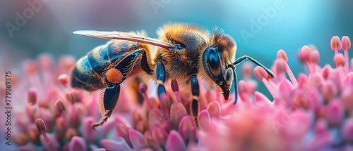 A closeup of a bee pollinating a flower the intricate textures and vivid colors highlighted by side lighting © KN Studio