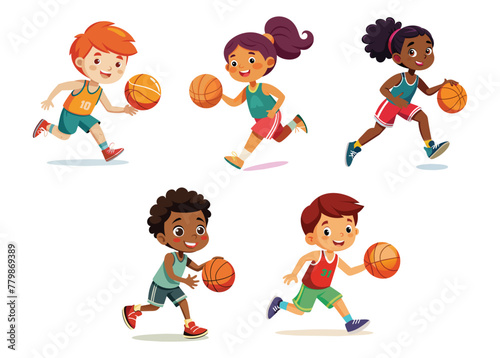 Children dribbling Basketballs, spirited vector cartoon illustration. Young Players in Basketball gear, lively sports activity.
