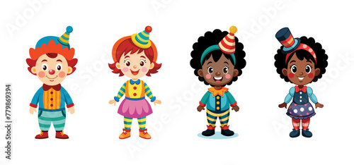 Cheerful children dressed as clowns with colorful accessories, vector cartoon illustration.