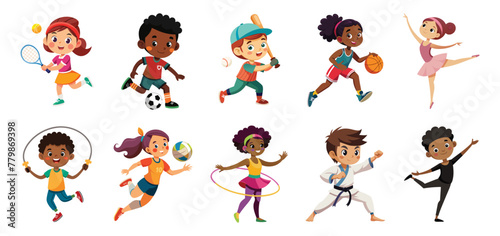 Kids in Sports Activities, vibrant vector cartoon illustration. Young Athletes playing Tennis, Soccer, basketball, baseball, and practicing Ballet.
