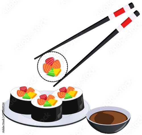 Maki Sushi with Soy Sauce and Chopsticks 