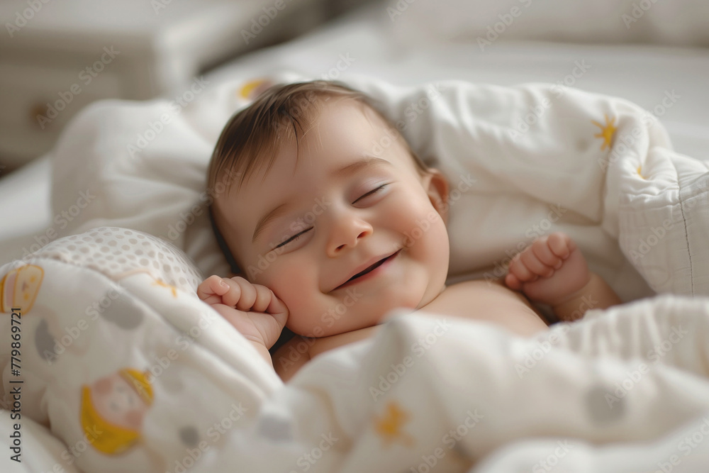 Cute baby boy sleep and smiling. Happy toddler with closed eyes, white bed, white background. Cute baby boy sleep and smiling. Happy toddler with closed eyes, white bed, white background.