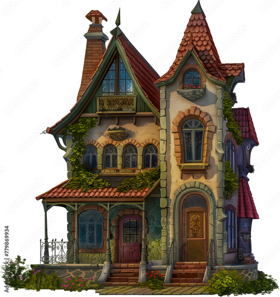 Victorian style house illustration with detailed architecture cut out on transparent background