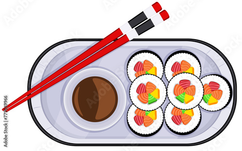 Authentic Japanese Cuisine: Vibrant Maki Sushi with Soy Sauce & Chopsticks - Top View Illustration 