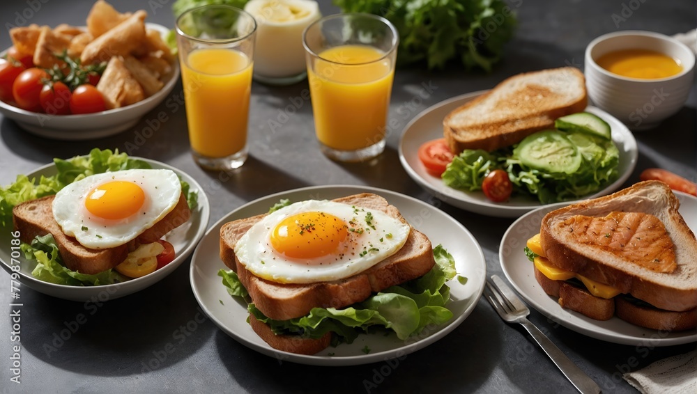 Gourmet Breakfast Spread with Egg Sandwiches and Fresh Juice