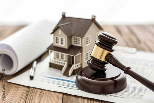 Real estate arbitration law concept. Gavel justice hammer and house model