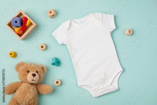 Baby onesie with wooden toys on blue photo