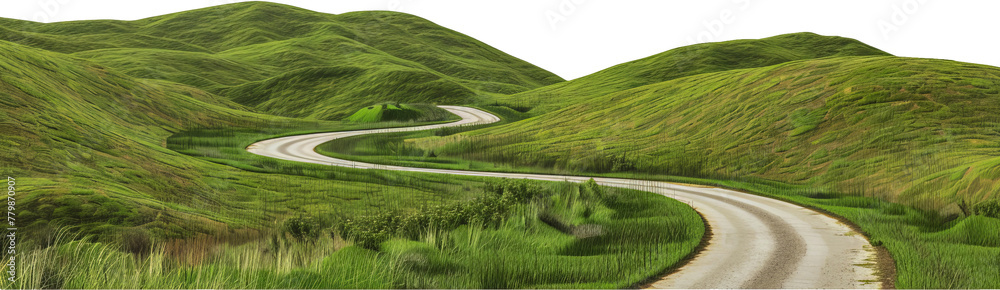 Winding road through lush green hills cut out on transparent background