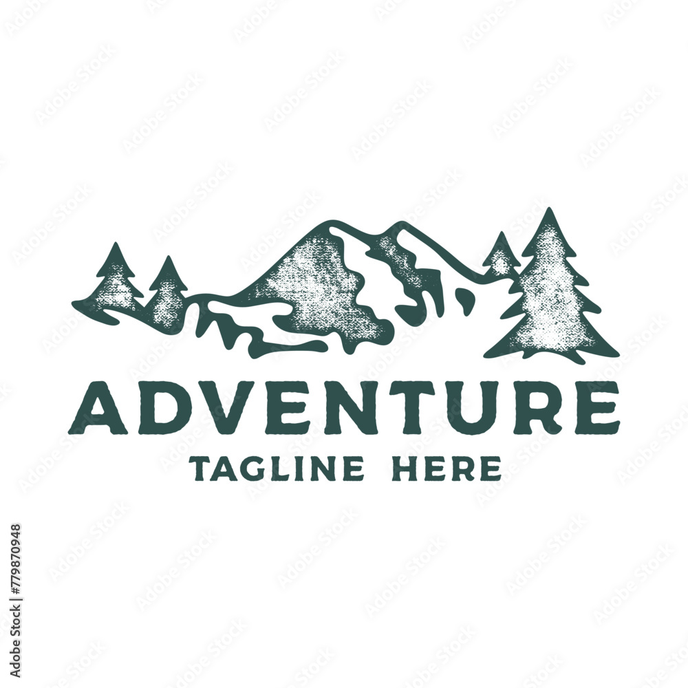 Hand drawing of Mountain landscape in retro engraving style. Adventure in graphic vintage style. Vector logo template. Hand drawing of Mountain landscape in retro engraving style. Adventure in graphic vintage style. Vector logo template.