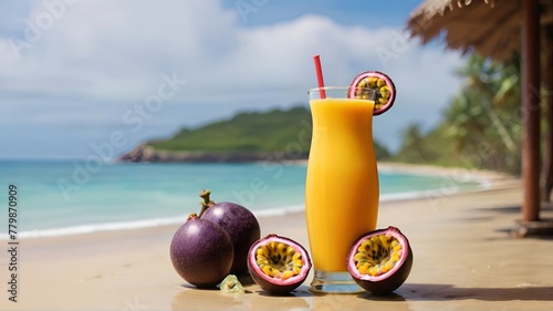 passion fruit juice in a glass, a Fresh drink made with passion fruit Caipirinha on the summer beach. Beach Breeze. photo