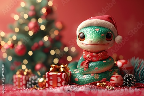 Fantasy cute green snake with Christmas gifts near Christmas tree on red background, great design postcard on holiday background. New Year 2025 art illustration. Cartoon snake © Irina Mikhailichenko