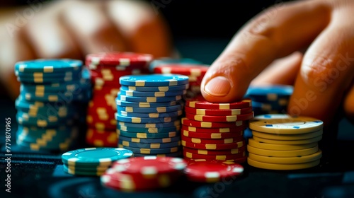 A close-up of a poker player's hand carefully arranging their chips in neat stacks during a game.