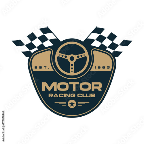 Car steering wheel logo template vector design element vintage style for label or badge retro illustration. Motor racing car.