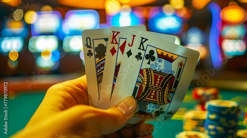 A dramatic close-up of a poker player's hand flipping over their cards to reveal a winning combination.