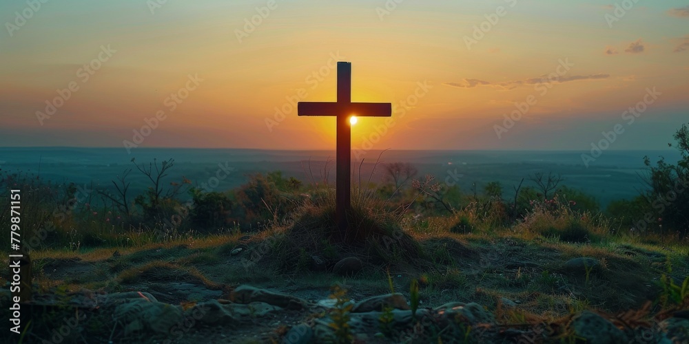 Cross on Top of a Hill at Sunset