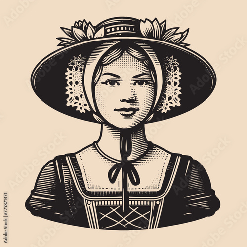 beautiful young Dutch woman in national clothes. vintage engraving vector illustration, emblem, isolated object