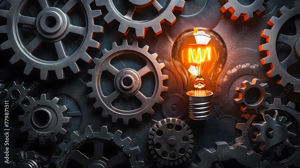 An illustration of a lightbulb surrounded by gears, representing the innovation and ideation process inherent in business development. An illustration of a lightbulb surrounded by gears, representing the innovation and ideation process inherent in business development.