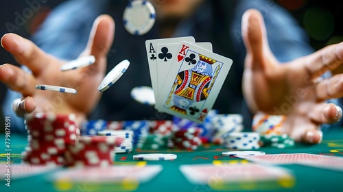 A dramatic close-up of a poker player's hand flipping over their cards to reveal a winning combination.