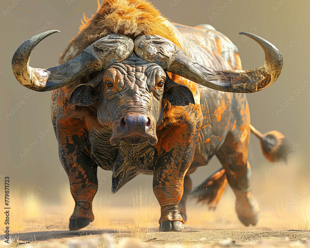 Obraz premium A large brown and black ox with horns is running across a dry, dusty plain