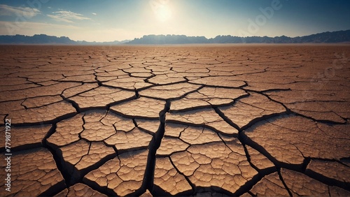 dry cracked desert ground against bleak desert backdrop, symbolizing the ecological challenges and the struggle for survival in arid environments #779871922