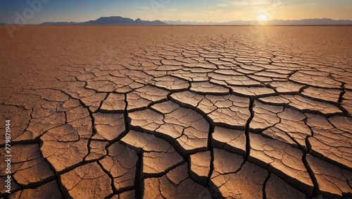 dry cracked desert ground on lifeless desert backdrop, illustrating the ecological crisis and the urgent need for conservation efforts in arid regions photo