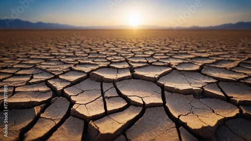 dry cracked desert ground against barren backdrop, showcasing ecology problems and issues of desertification in harsh landscapes