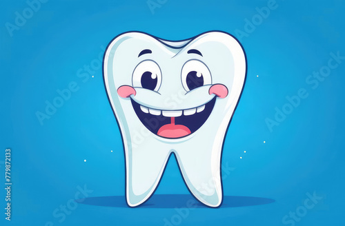 funny smiling cartoon character of white tooth on blue background. pediatric dentistry, stomatology.