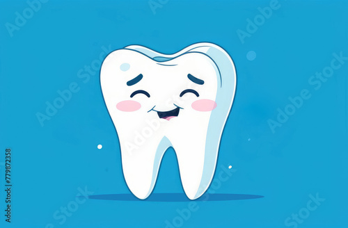 funny smiling cartoon character of white tooth on blue background. pediatric dentistry  stomatology.